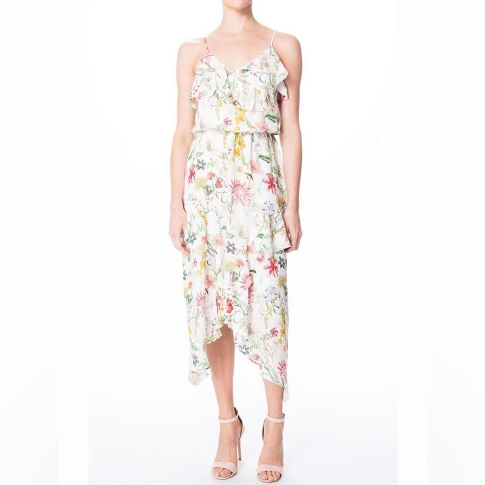 PARKER Women's Vanna Floral V-Neck Ruffle Midi Dress in White Sangria Size Small